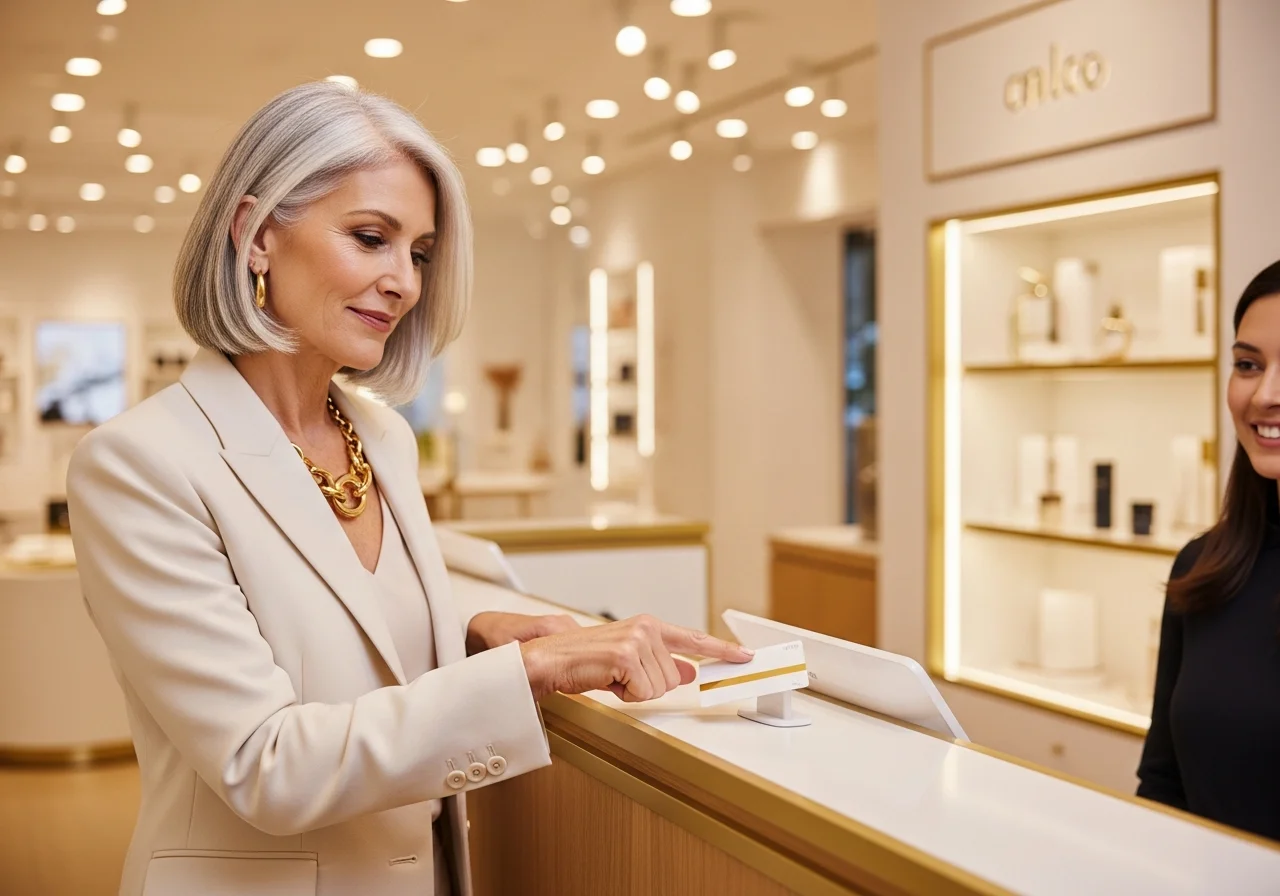 Confident senior woman tapping her benefits card at a modern retail counter