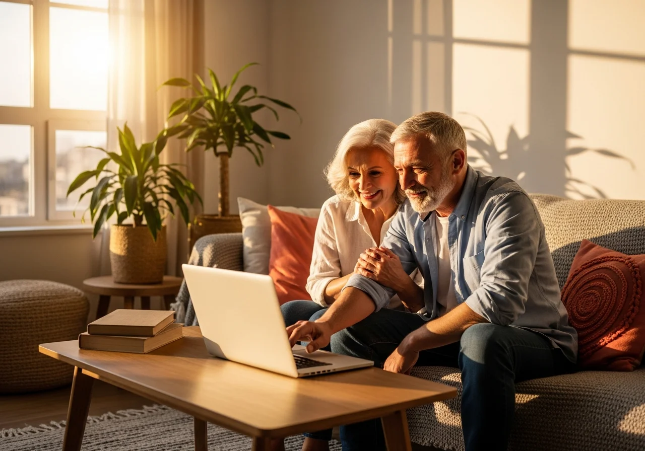 Senior couple smiling at good news on a laptop in a sunny living room