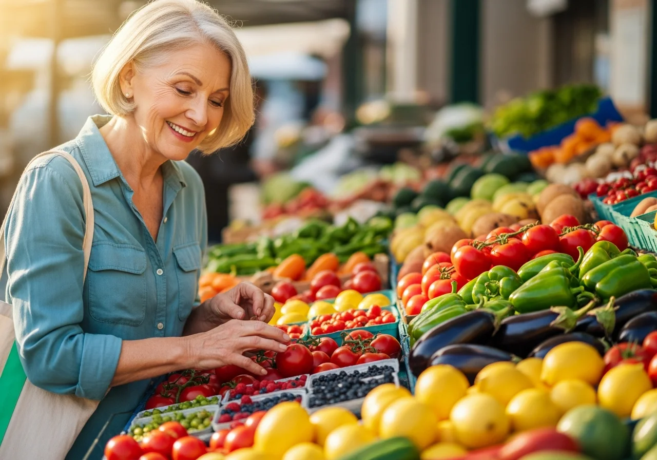Smiling senior woman choosing fresh produce at a sunny outdoor market