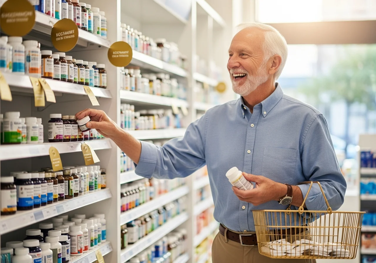 Cheerful senior man choosing vitamins in a bright pharmacy aisle